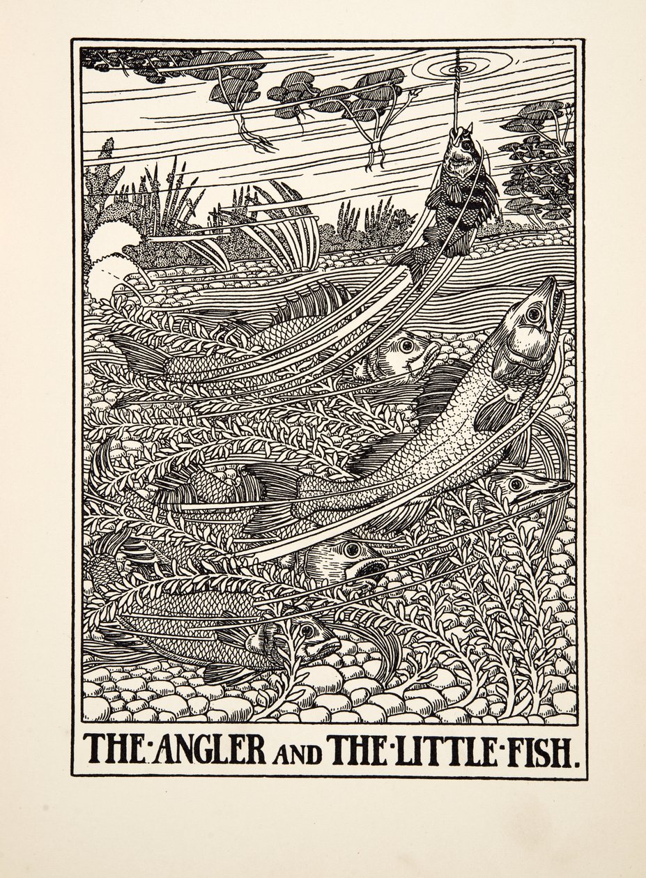 El Pescador y el Pequeño Pez, de Cien Fábulas de Esopo, pub.1903 de Percy J. Billingshurst