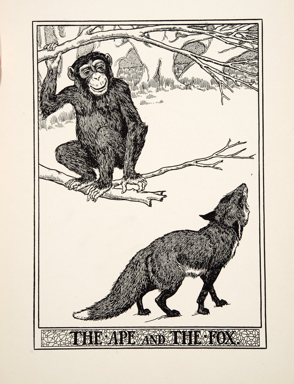 El mono y el zorro, de Cien fábulas de Esopo, pub. 1903 (grabado) de Percy J. Billingshurst