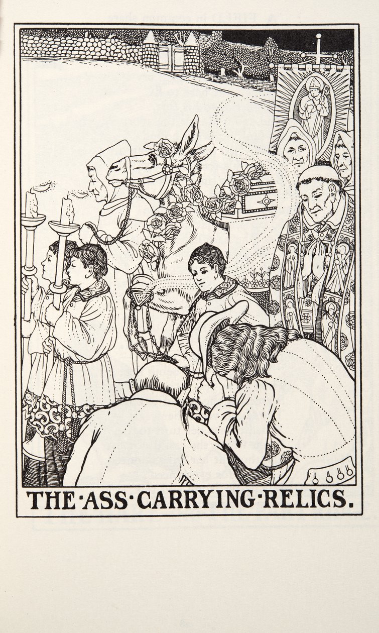 El asno que llevaba reliquias, de Fábulas de Fontaine, pub. 1905 (grabado) de Percy J. Billingshurst