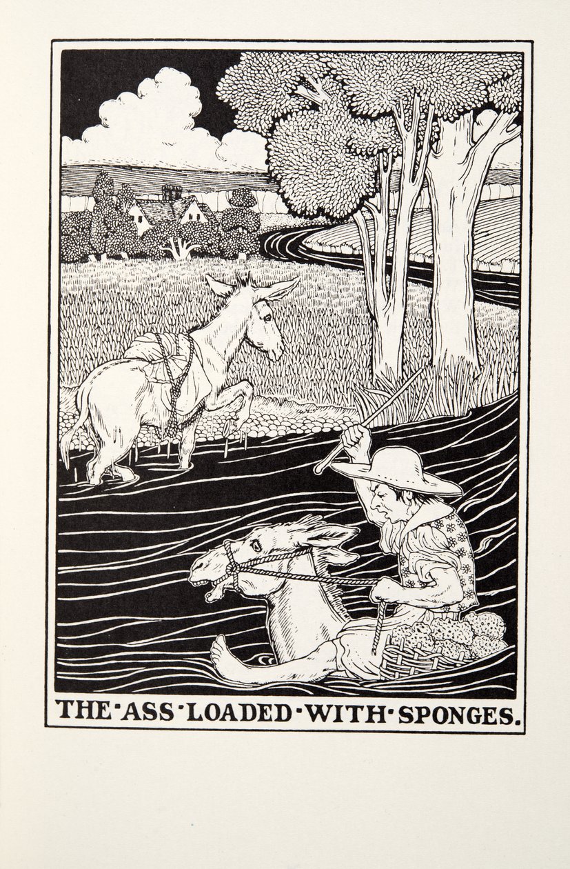 El Asno Cargado de Esponjas, de las Fábulas de Fontaine, pub. 1905 de Percy J. Billingshurst