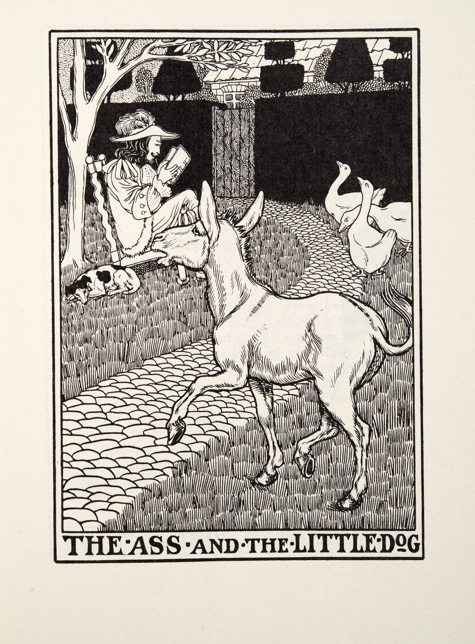 El burro y el perrito, de Fábulas de Fontaine, pub. 1905 de Percy J. Billingshurst