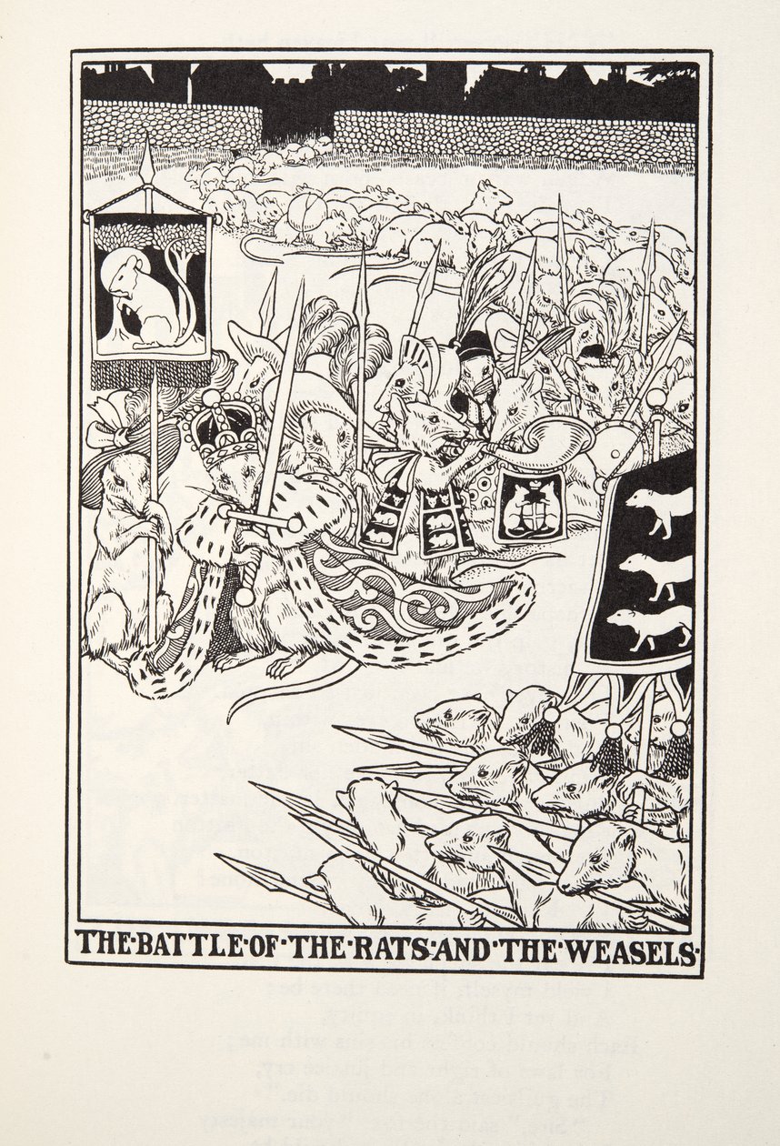 La batalla de las ratas y las comadrejas, de Fábulas de Fontaine, pub. 1905 de Percy J. Billingshurst