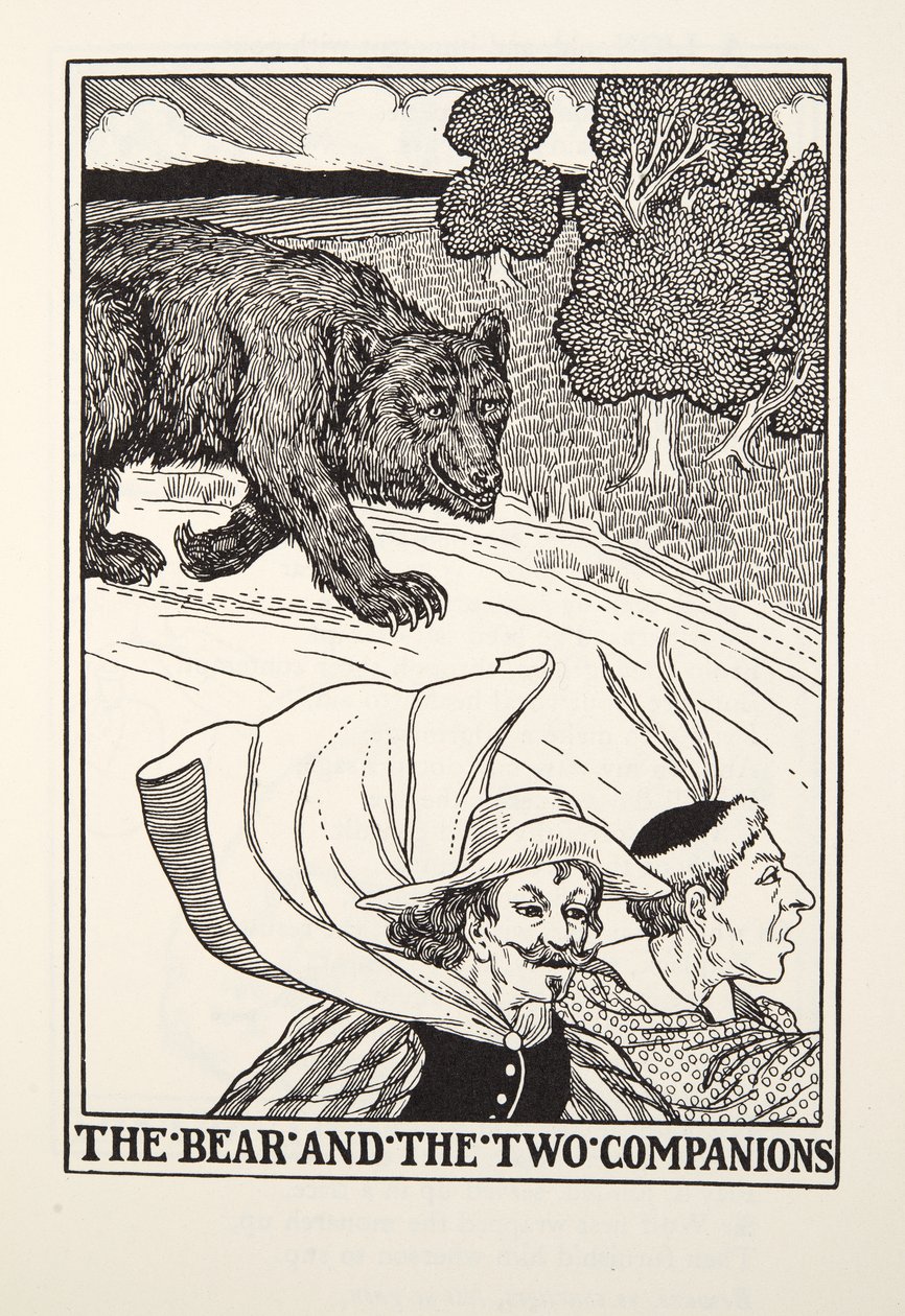 El oso y los dos compañeros, de Fábulas de Fontaine, pub. 1905 (grabado) de Percy J. Billingshurst