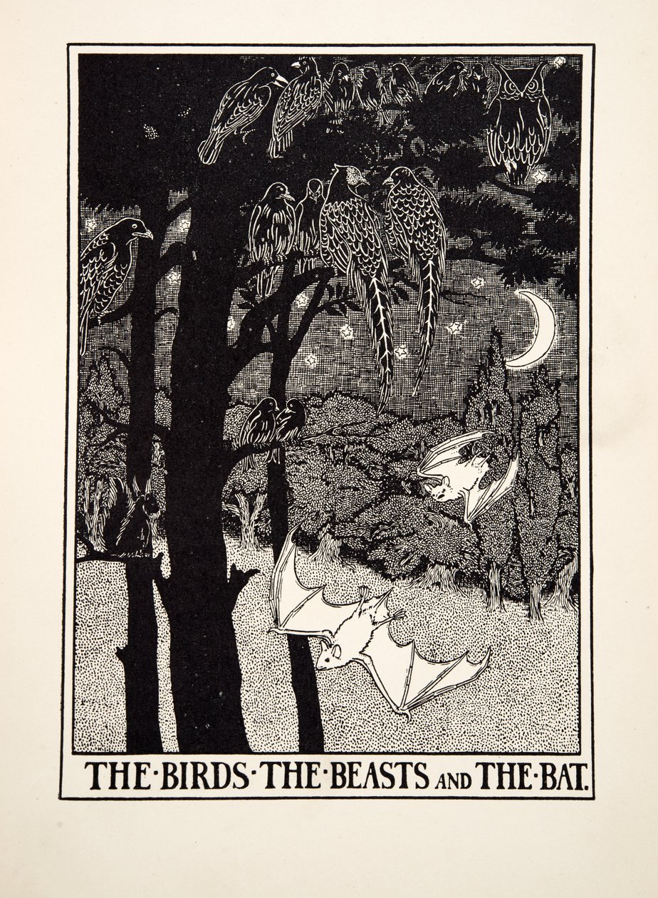 Los pájaros, las bestias y el murciélago, de Cien fábulas de Esopo, pub. 1903 (grabado) de Percy J. Billingshurst