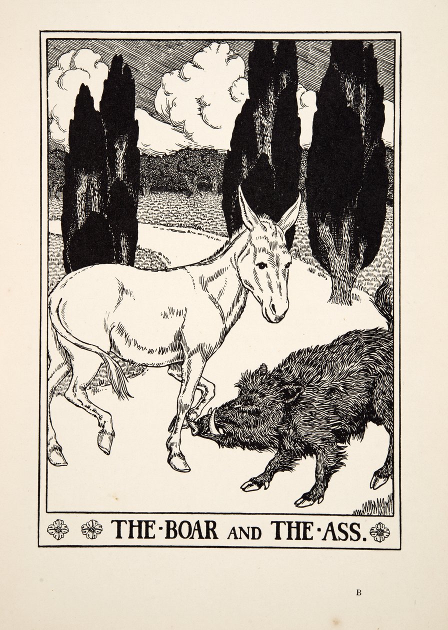 El jabalí y el asno, de Cien fábulas de Esopo, pub.1903 de Percy J. Billingshurst