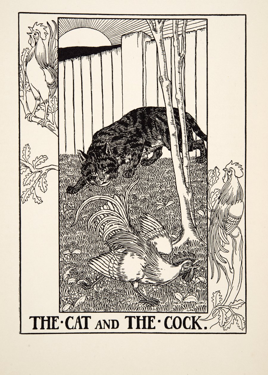 El gato y el gallo, de Cien fábulas de Esopo, pub.1903 de Percy J. Billingshurst