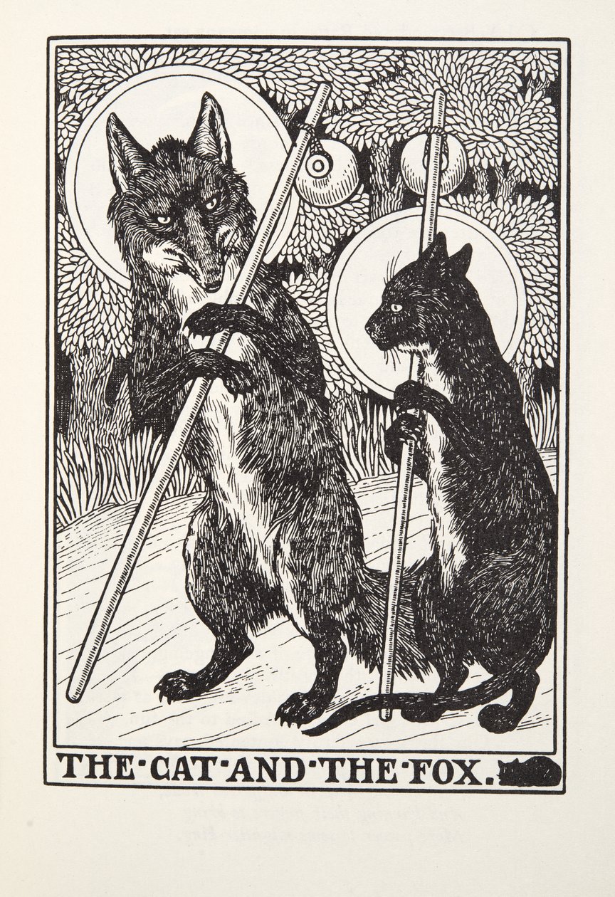 El gato y el zorro, de las Fábulas de Fontaine, pub. 1905 de Percy J. Billingshurst