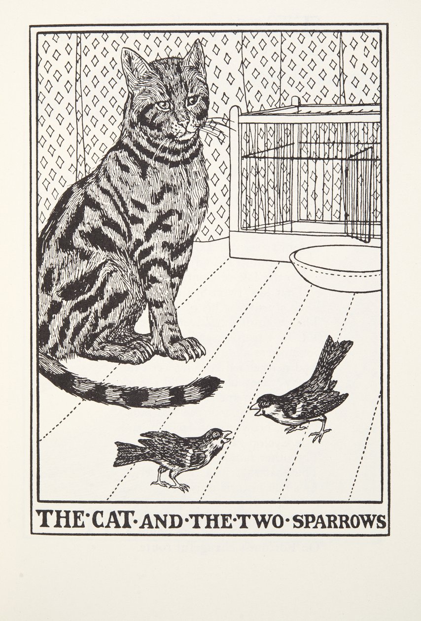 El gato y los dos gorriones, de las Fábulas de Fontaine, pub. 1905 de Percy J. Billingshurst