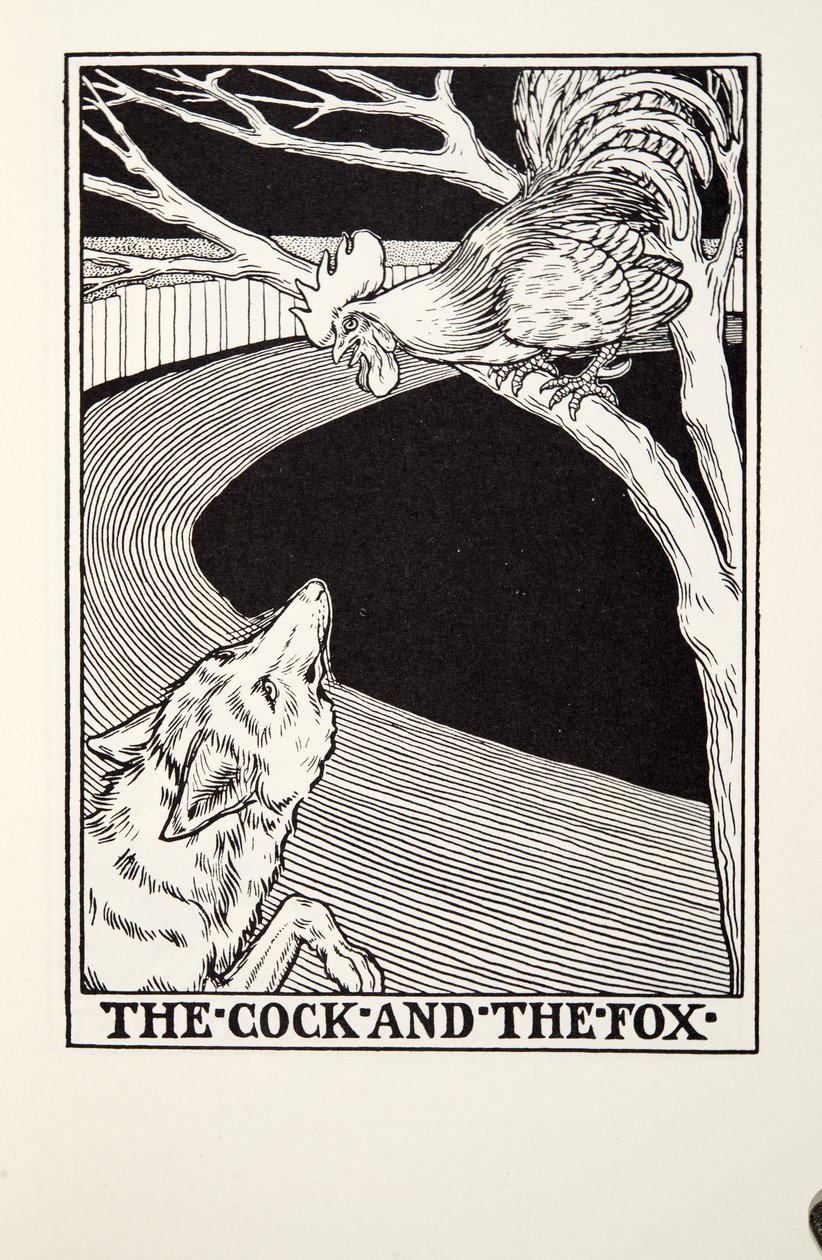 El Gallo y el Zorro, de las Fábulas de Fontaine, pub. 1905 de Percy J. Billingshurst