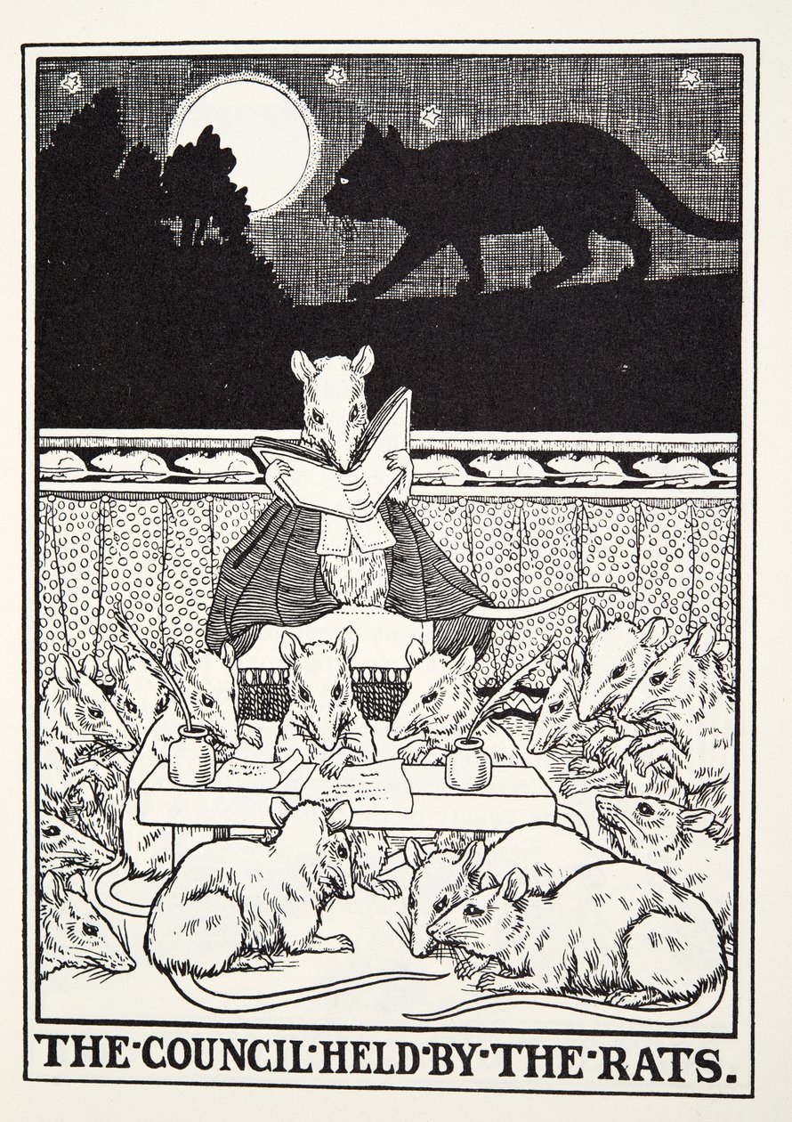 El Consejo de las Ratas, de las Fábulas de Fontaine, pub. 1905 de Percy J. Billingshurst