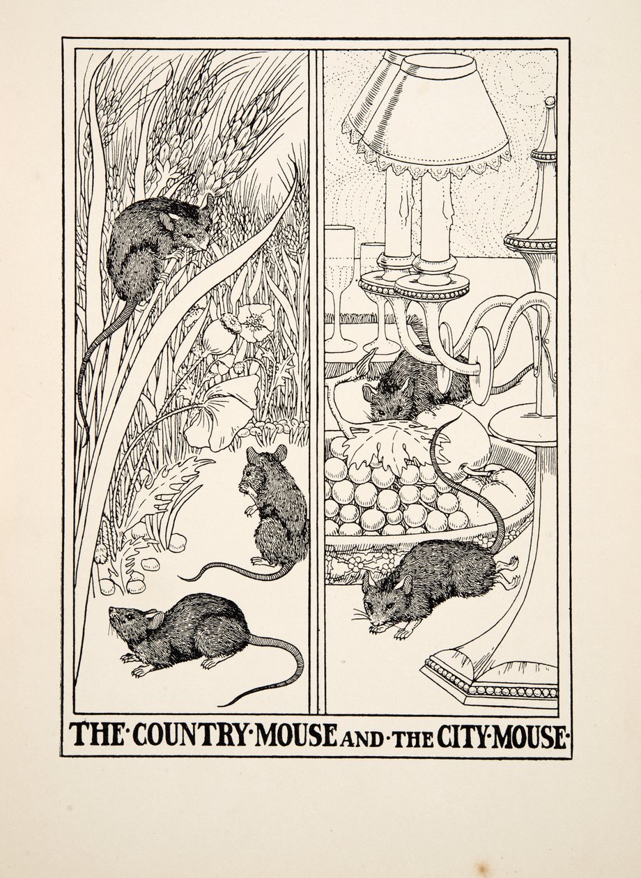 El ratón de campo y el ratón de ciudad, de Cien fábulas de Esopo, pub.1903 de Percy J. Billingshurst