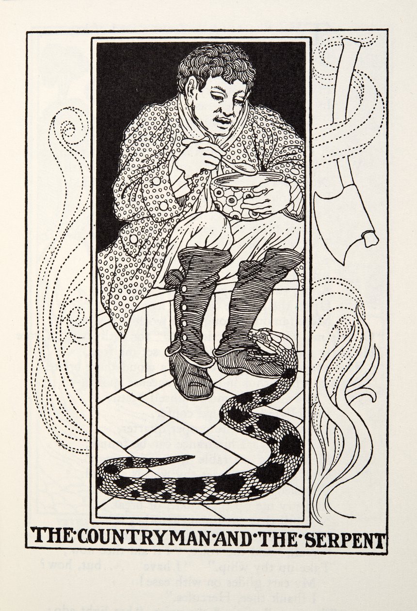 El Campesino y la Serpiente, de las Fábulas de Fontaine, pub. 1905 de Percy J. Billingshurst