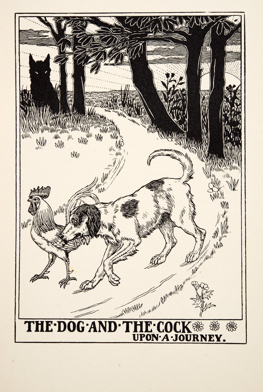 El Perro y el Gallo en un Viaje, de Cien Fábulas de Esopo, pub.1903 de Percy J. Billingshurst