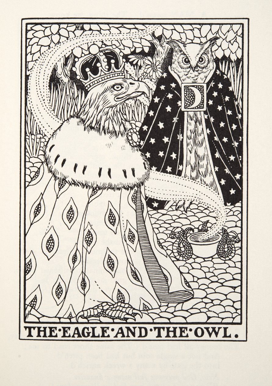 El águila y el búho, de Fábulas de Fontaine, pub. 1905 de Percy J. Billingshurst