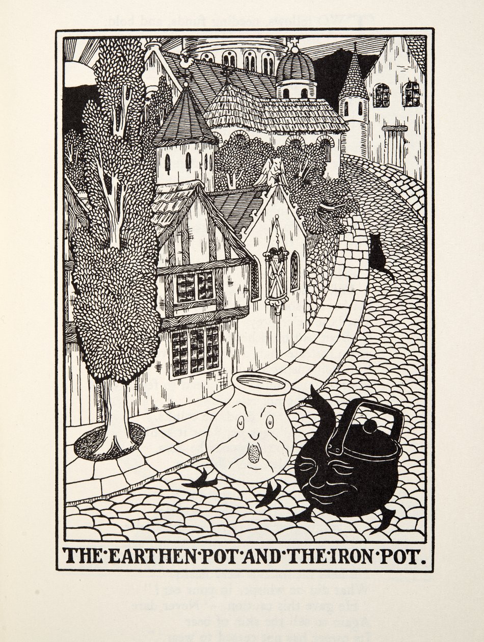La olla de barro y la olla de hierro, de Fábulas de Fontaine, pub. 1905 de Percy J. Billingshurst