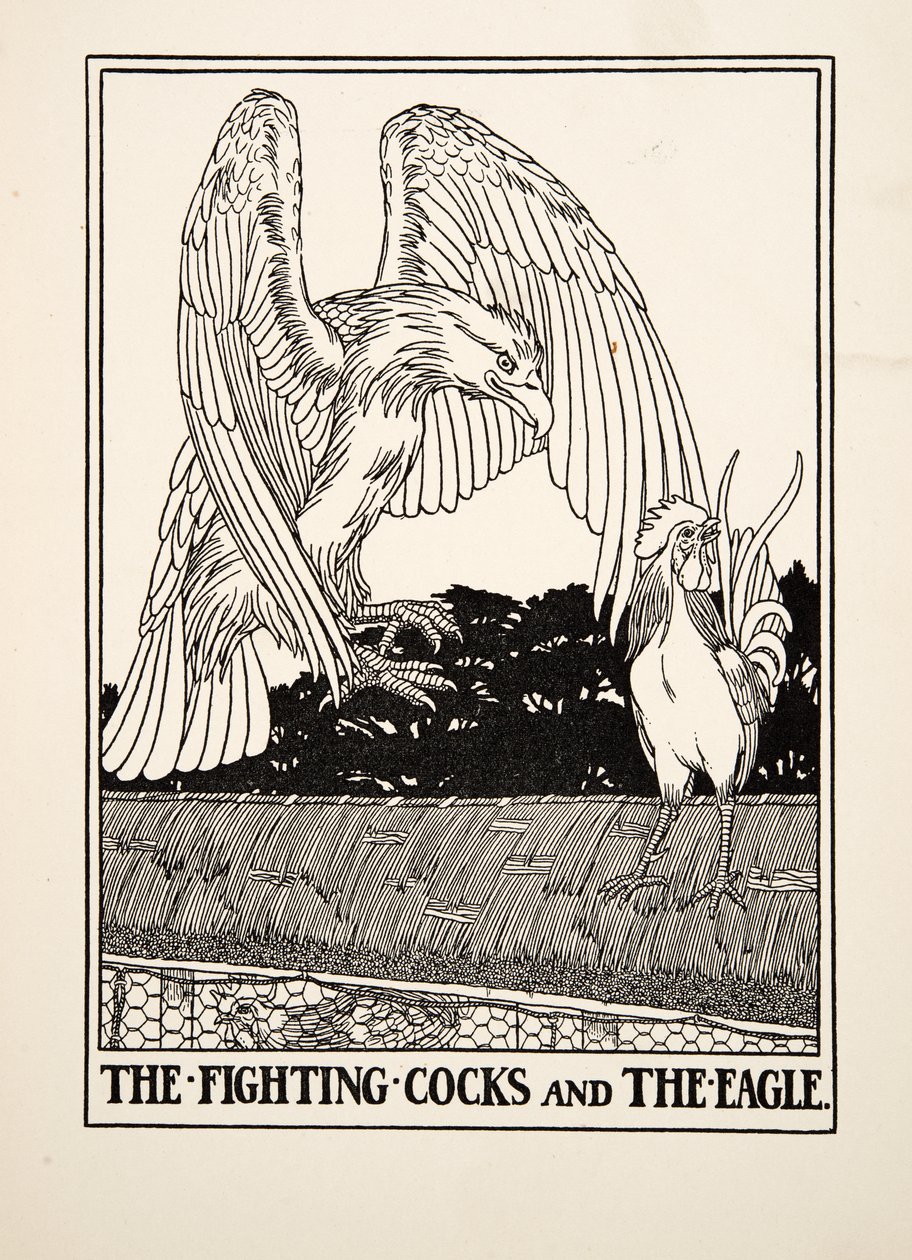 Los gallos de pelea y el águila, de Cien fábulas de Esopo, pub.1903 de Percy J. Billingshurst
