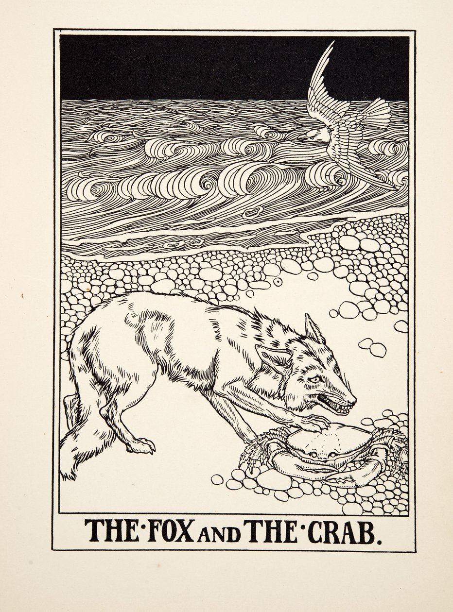 El zorro y el cangrejo, de Cien fábulas de Esopo, pub.1903 (grabado) de Percy J. Billingshurst