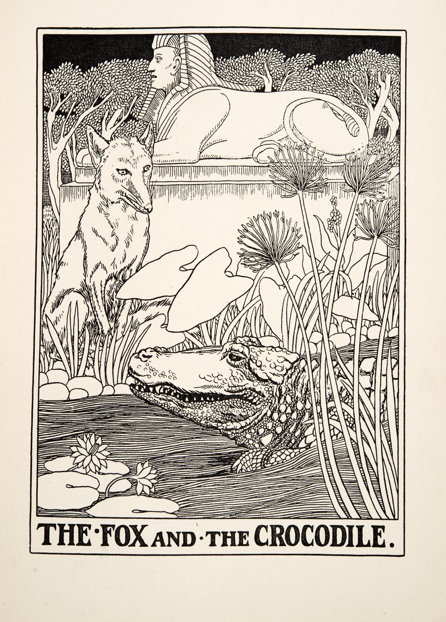 El zorro y el cocodrilo, de Cien fábulas de Esopo, pub.1903 de Percy J. Billingshurst