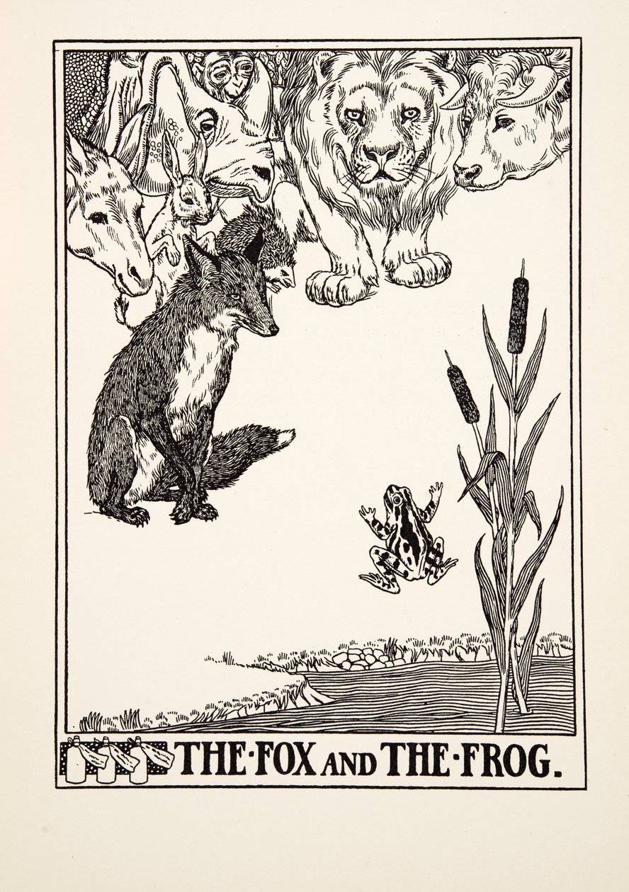 El zorro y la rana, de Cien fábulas de Esopo, pub. 1903 (grabado) de Percy J. Billingshurst