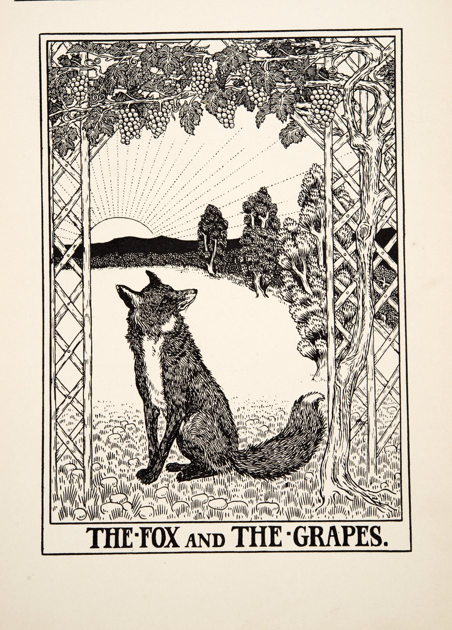 El zorro y las uvas, de Cien fábulas de Esopo, pub.1903 de Percy J. Billingshurst