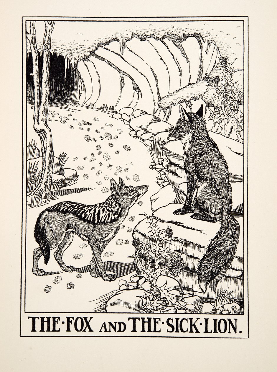 El zorro y el león enfermo, de Cien fábulas de Esopo, pub.1903 (grabado) de Percy J. Billingshurst