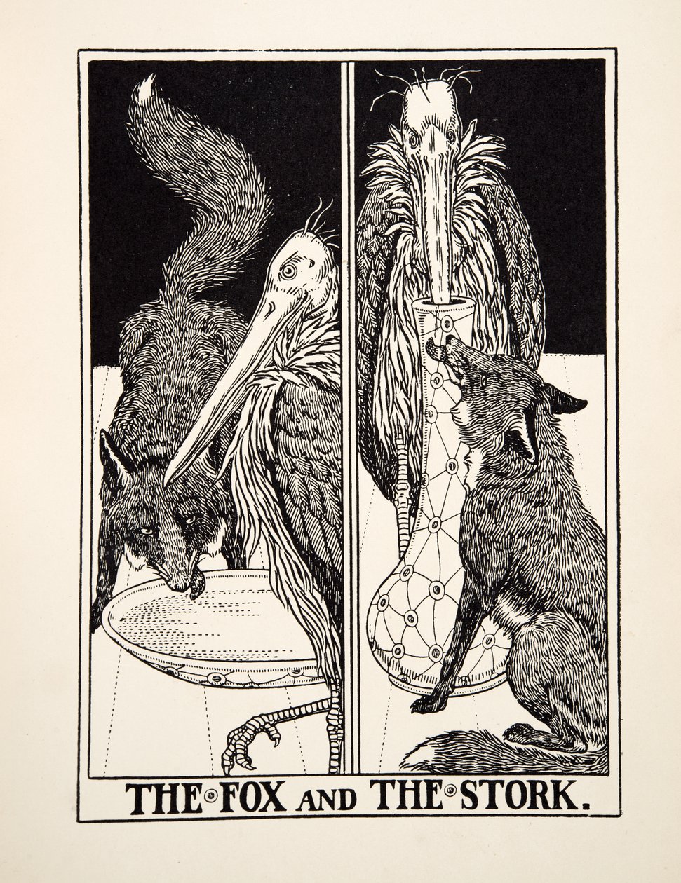 El zorro y la cigüeña, de Cien fábulas de Esopo, pub.1903 de Percy J. Billingshurst