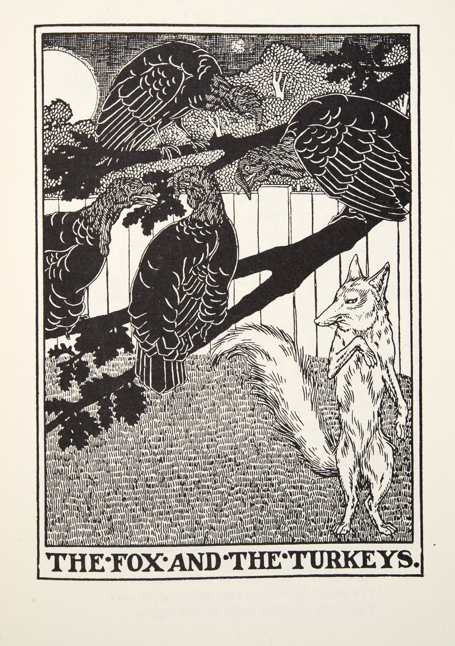El Zorro y los Pavos de Fábulas de Fontaine, pub. 1905 de Percy J. Billingshurst