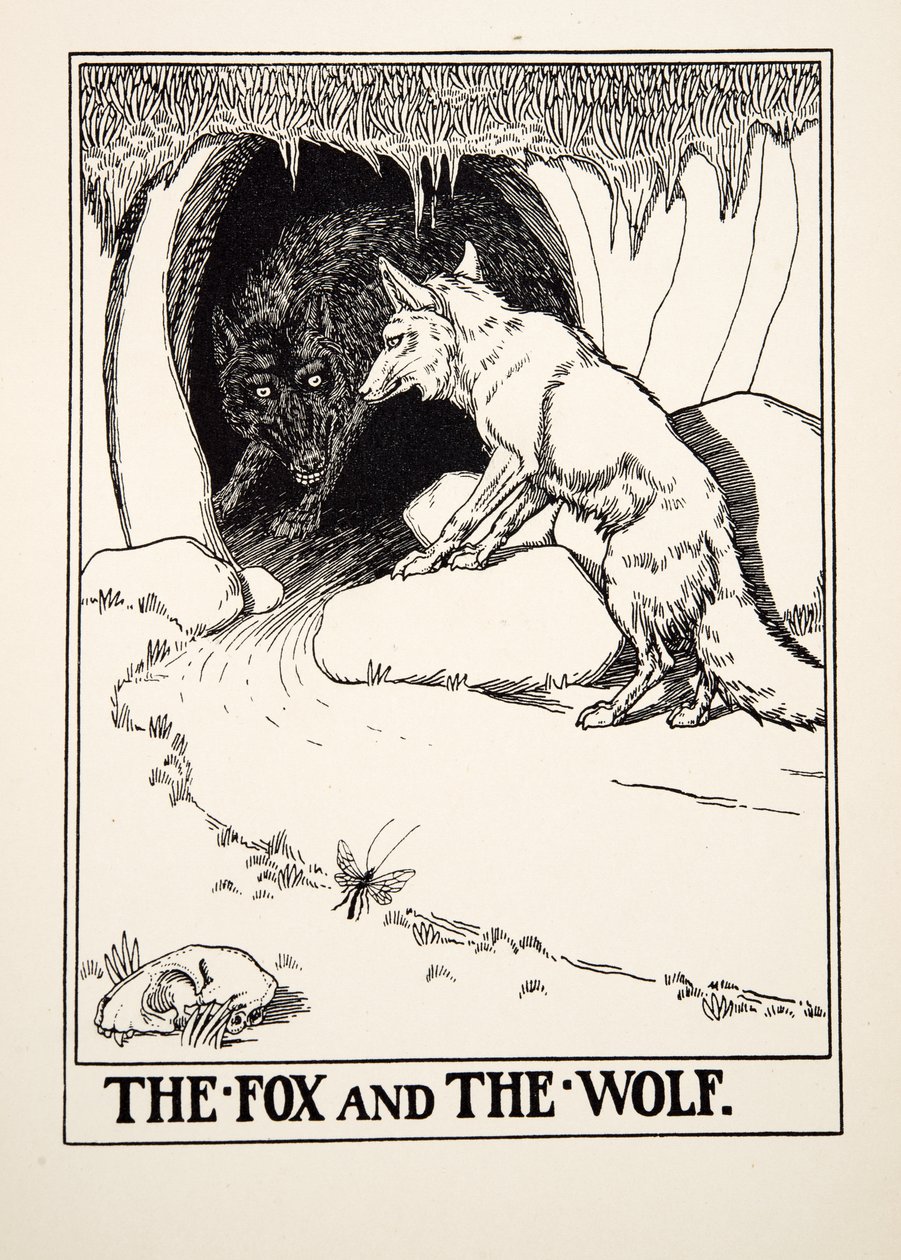 El zorro y el lobo, de Cien fábulas de Esopo, pub.1903 (grabado) de Percy J. Billingshurst