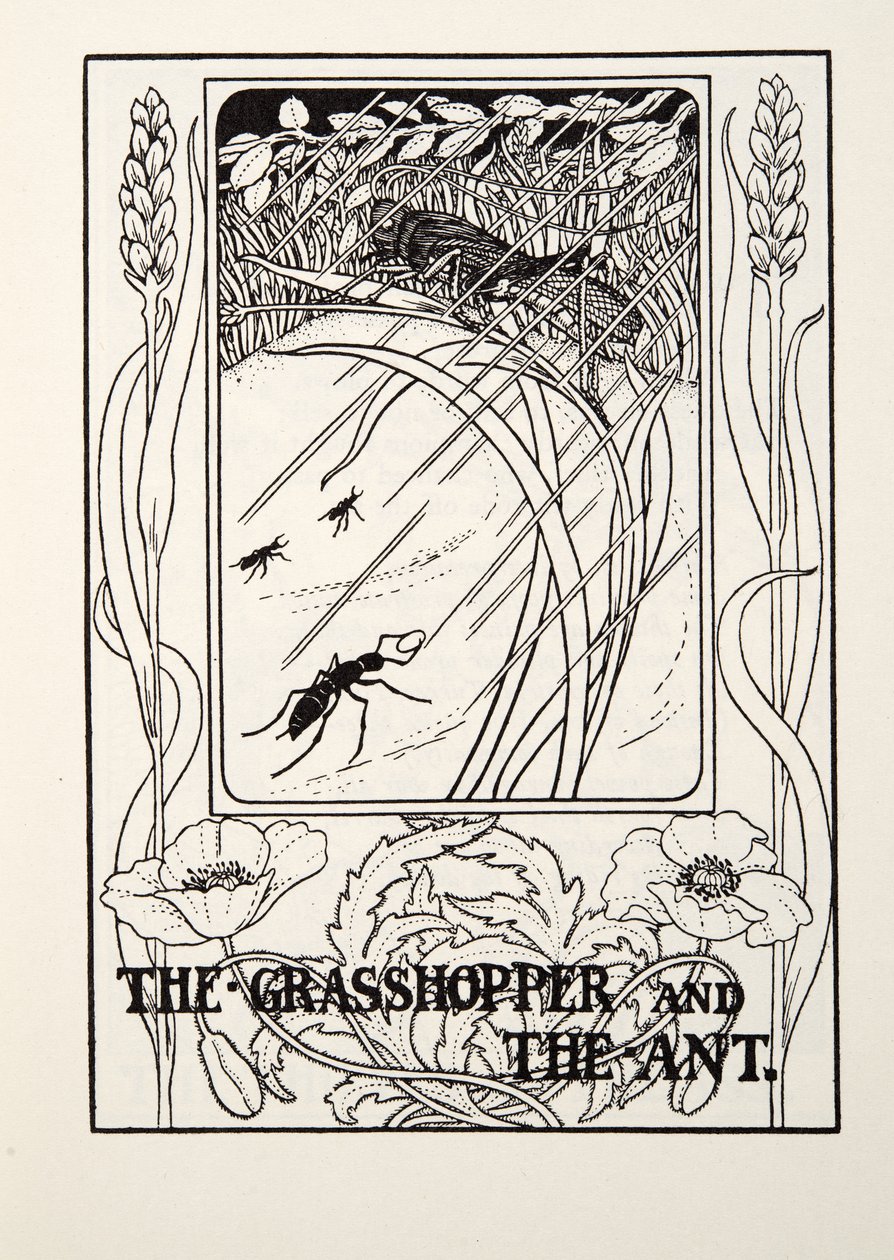 La cigarra y la hormiga, de Fábulas de Fontaine, pub. 1905 de Percy J. Billingshurst