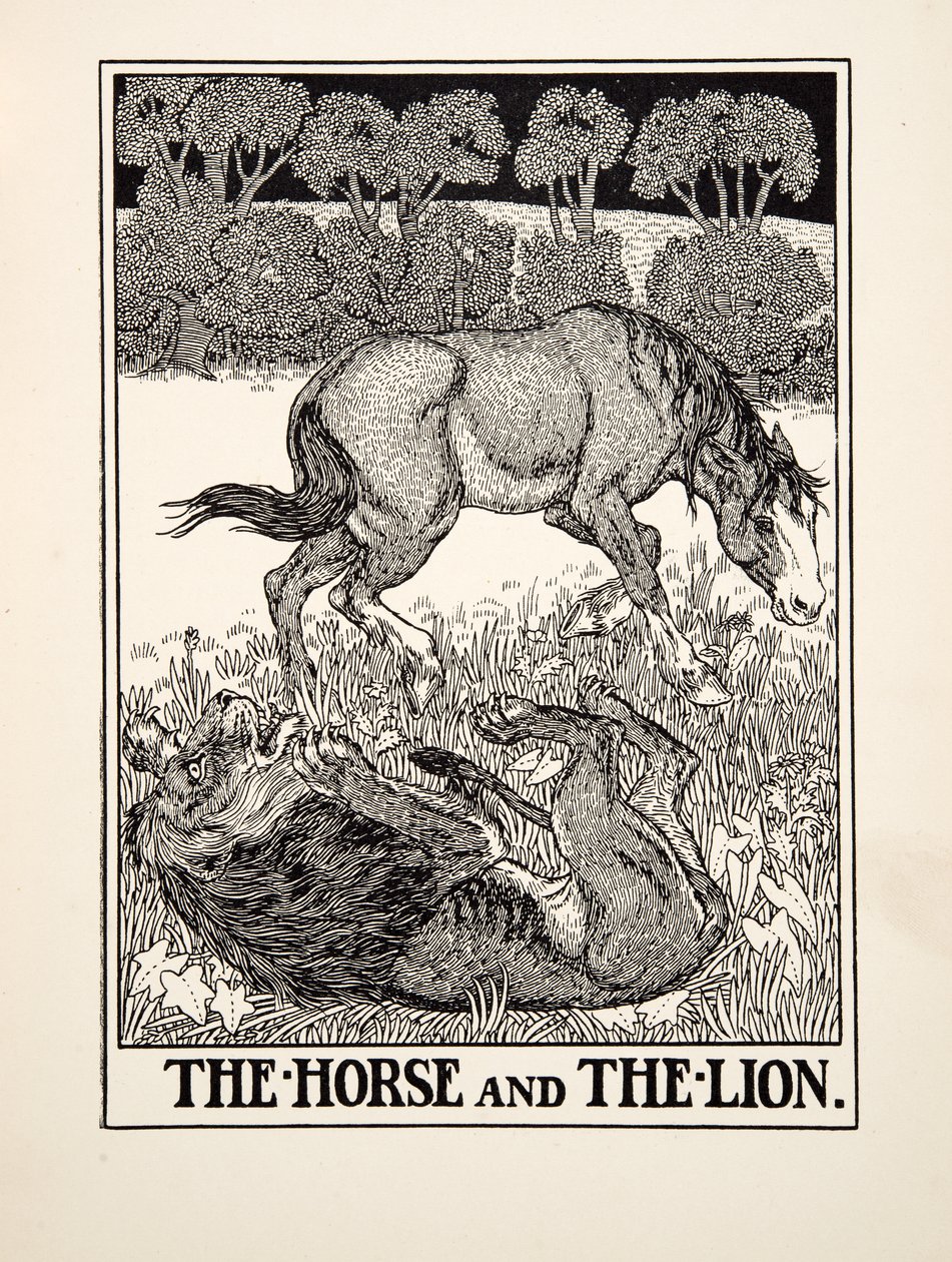 El caballo y el león, de Cien fábulas de Esopo, pub.1903 de Percy J. Billingshurst