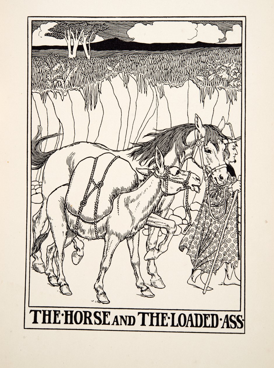 El caballo y el asno cargado, de Cien fábulas de Esopo, pub. 1903 (grabado) de Percy J. Billingshurst
