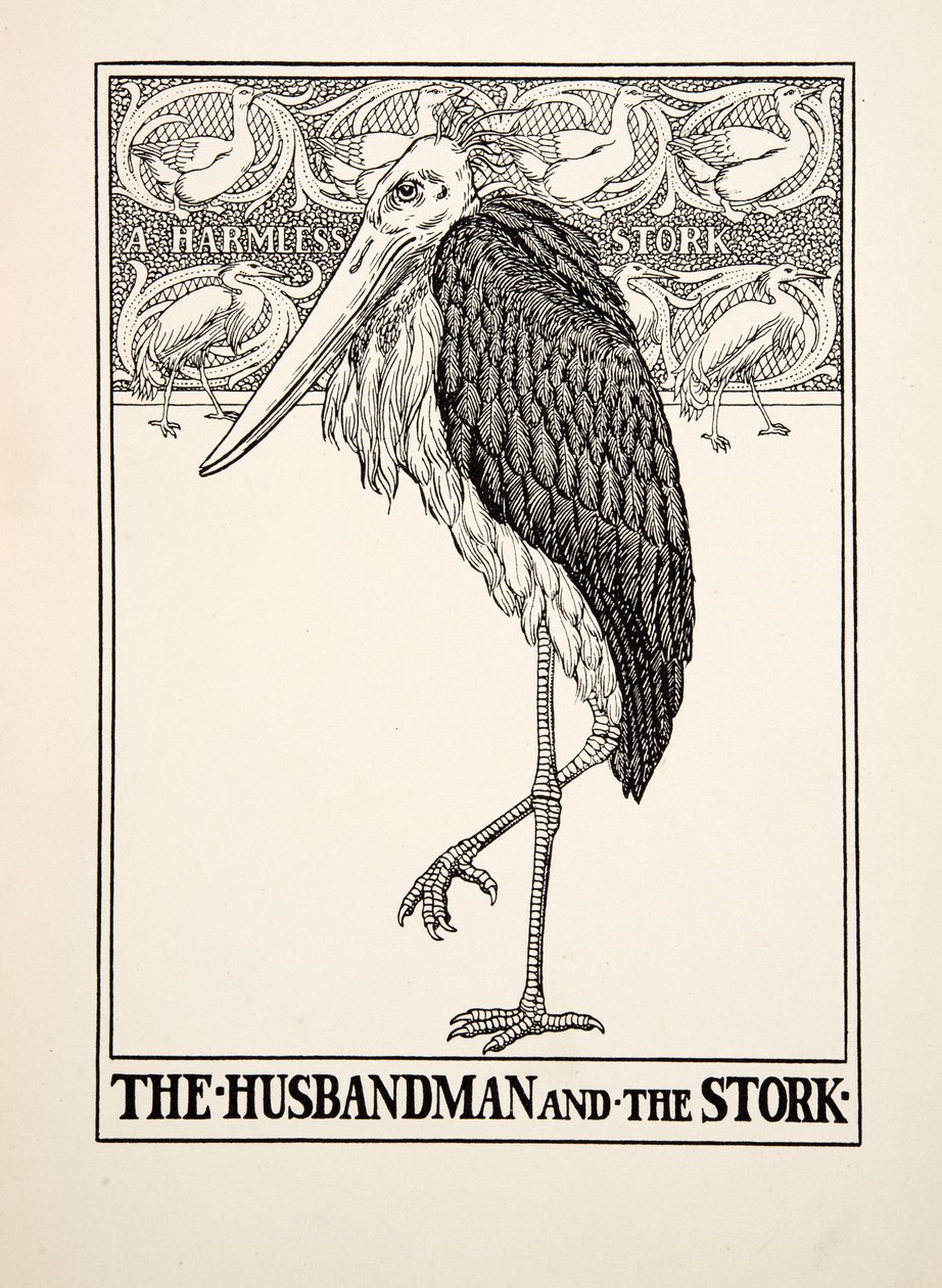 El labrador y la cigüeña, de Cien fábulas de Esopo, pub.1903 de Percy J. Billingshurst