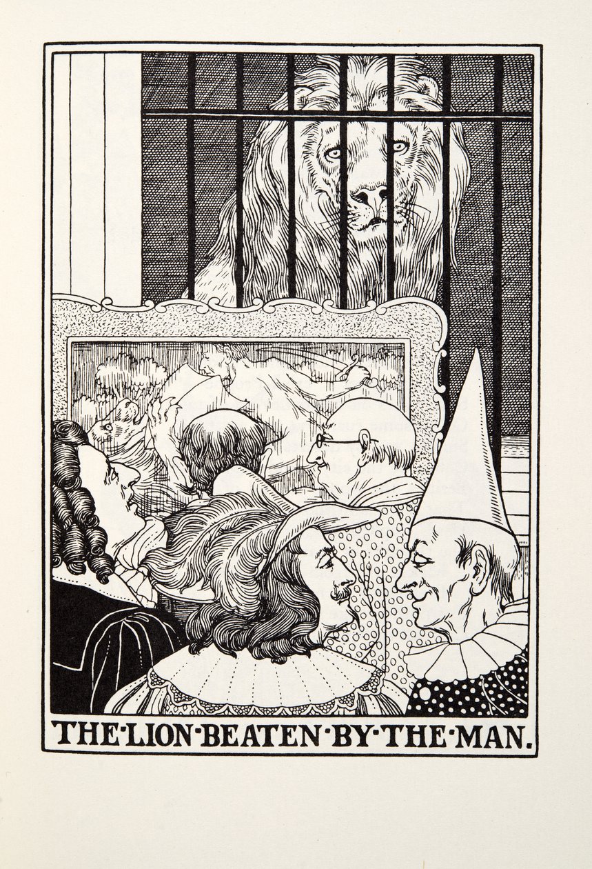 El León Vencido por el Hombre, de las Fábulas de Fontaine, pub. 1905 de Percy J. Billingshurst