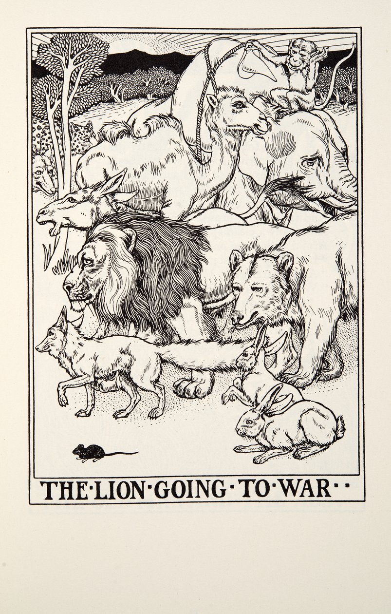 El león yendo a la guerra, de Fábulas de Fontaine, pub. 1905 de Percy J. Billingshurst