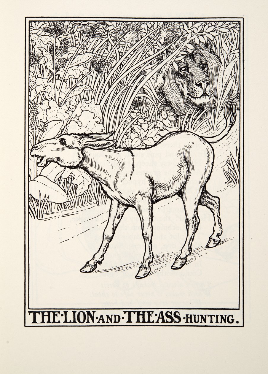 El león y el burro cazando, de Fábulas de Fontaine, pub. 1905 de Percy J. Billingshurst