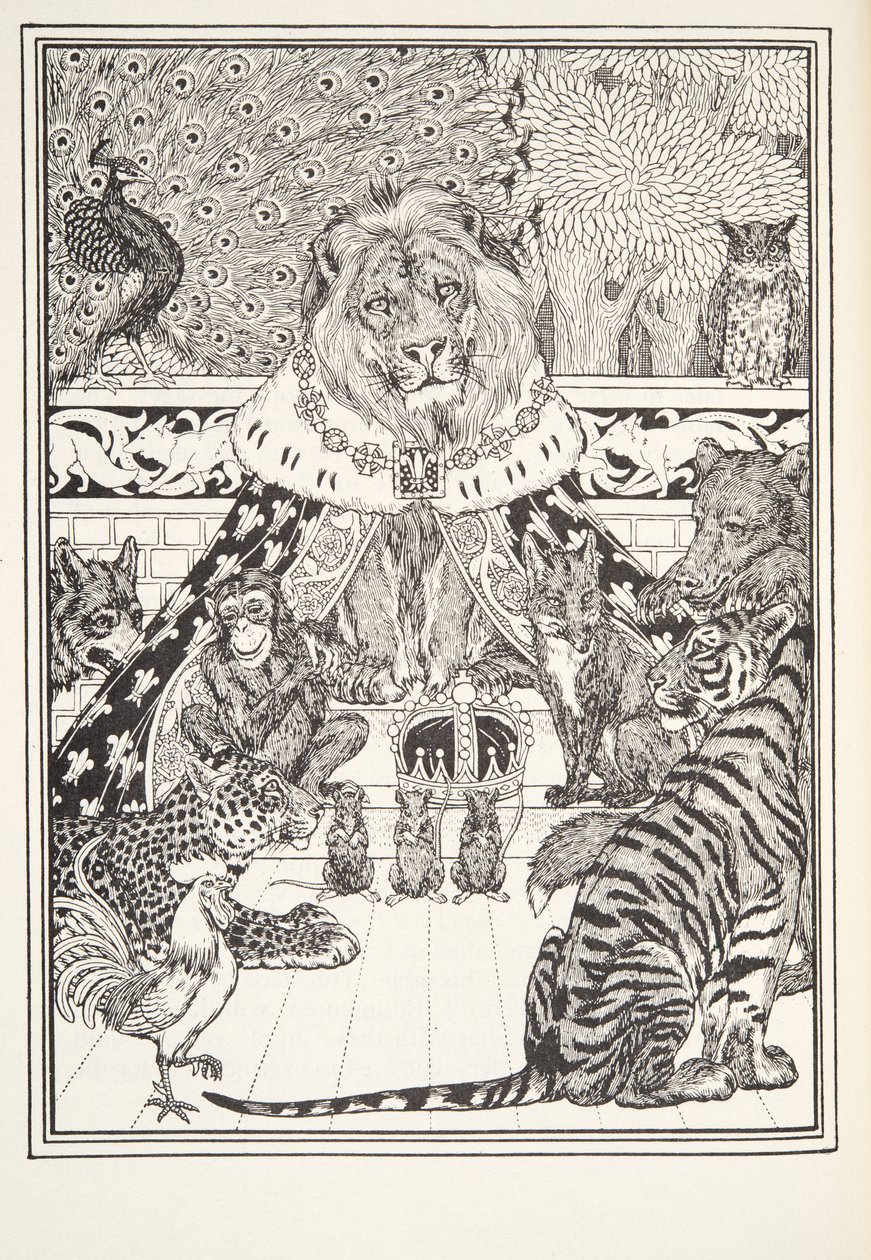 El león y sus asociados, frontispicio, de Fábulas de Fontaine, pub. 1905 de Percy J. Billingshurst