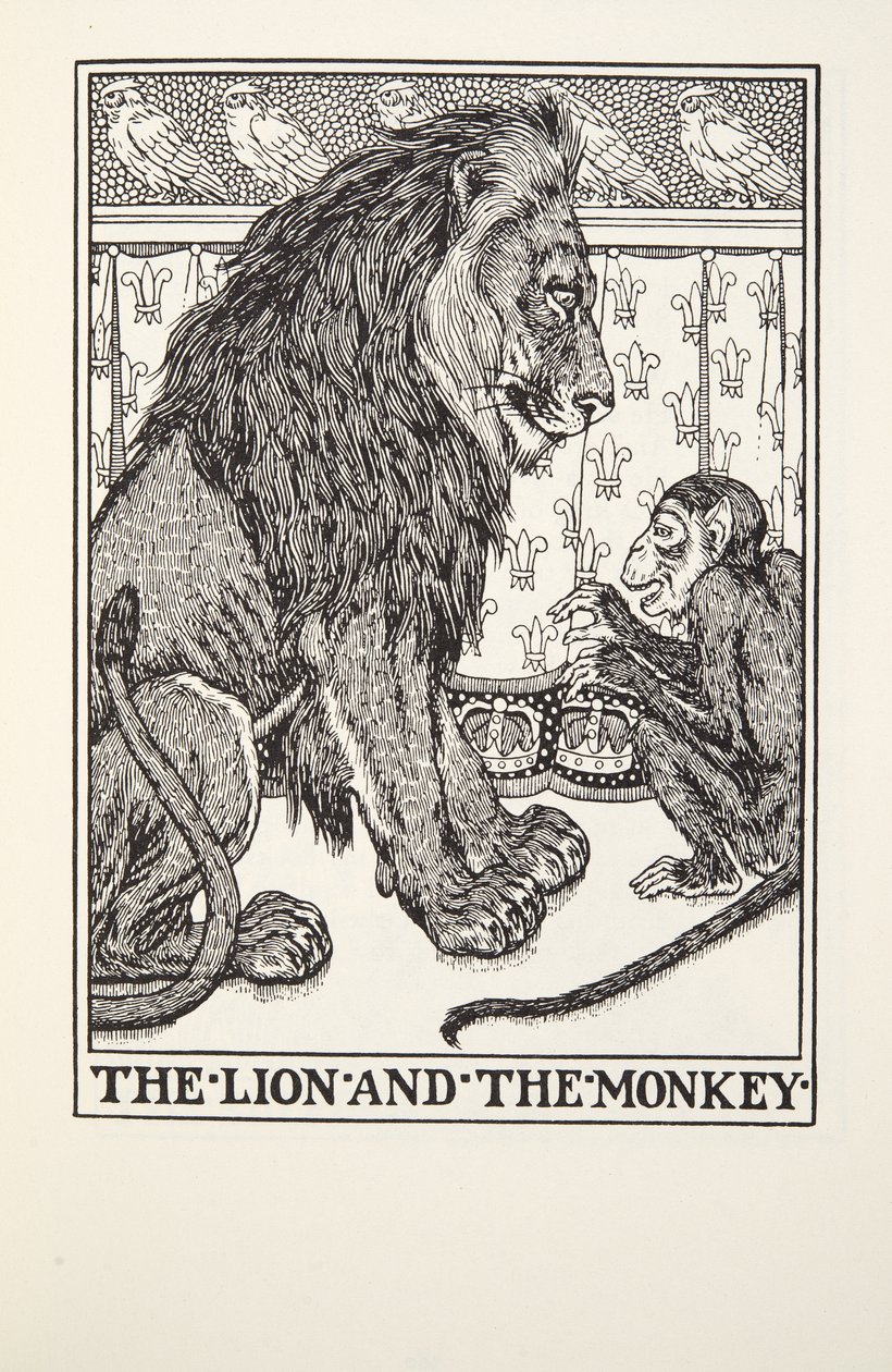 El león y el mono, de Fábulas de Fontaine, pub. 1905 de Percy J. Billingshurst