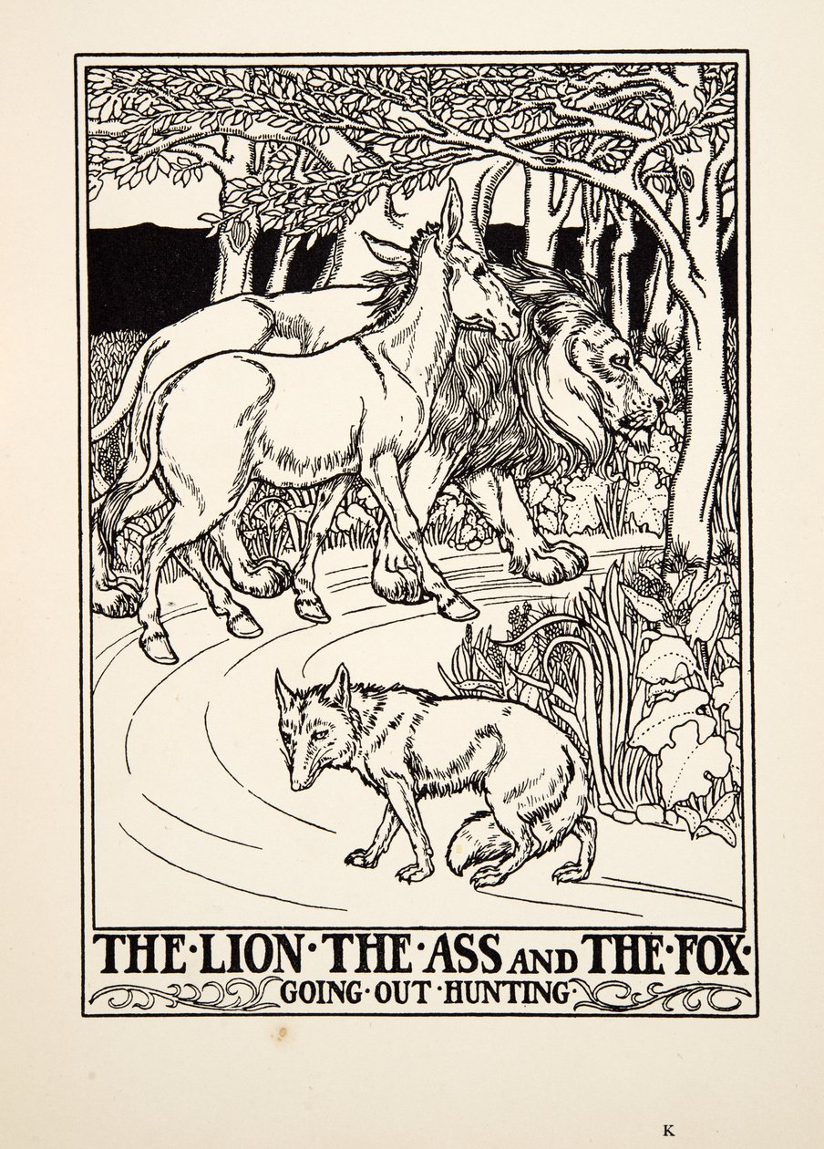 El león, el asno y el zorro saliendo a cazar, de Cien fábulas de Esopo, pub.1903 (grabado) de Percy J. Billingshurst