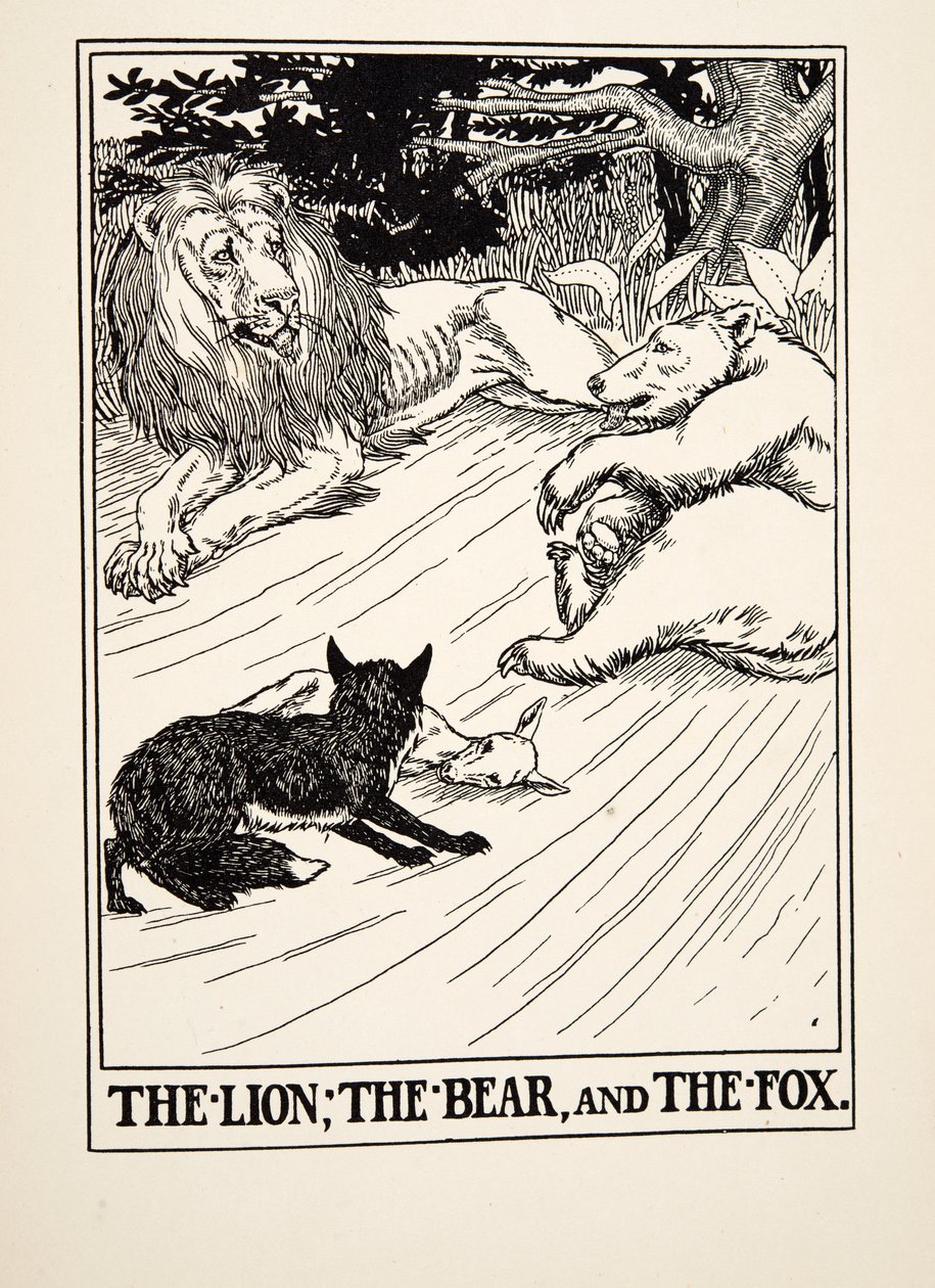 El león, el oso y el zorro, de Cien fábulas de Esopo, pub.1903 de Percy J. Billingshurst