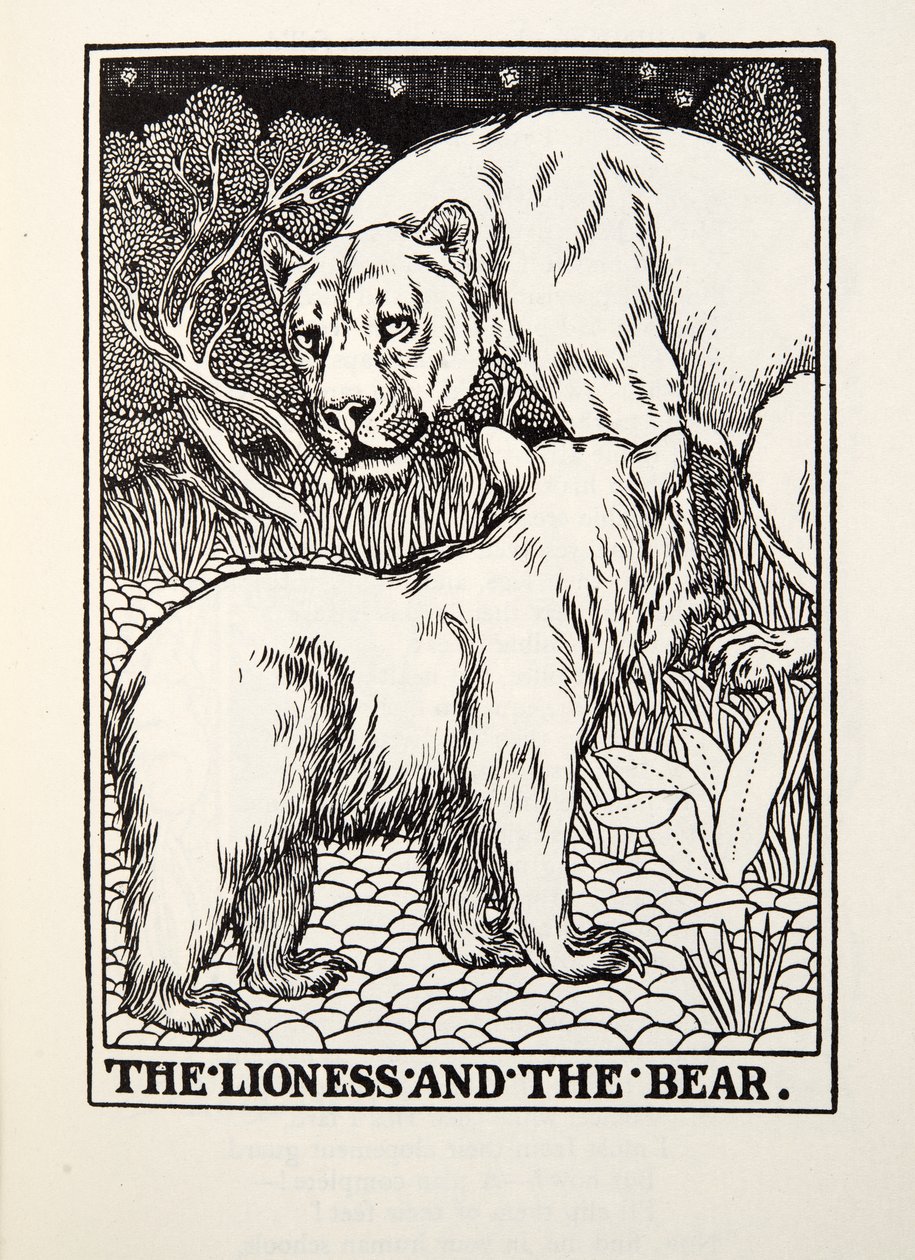 La leona y el oso, de las Fábulas de Fontaine, pub. 1905 de Percy J. Billingshurst