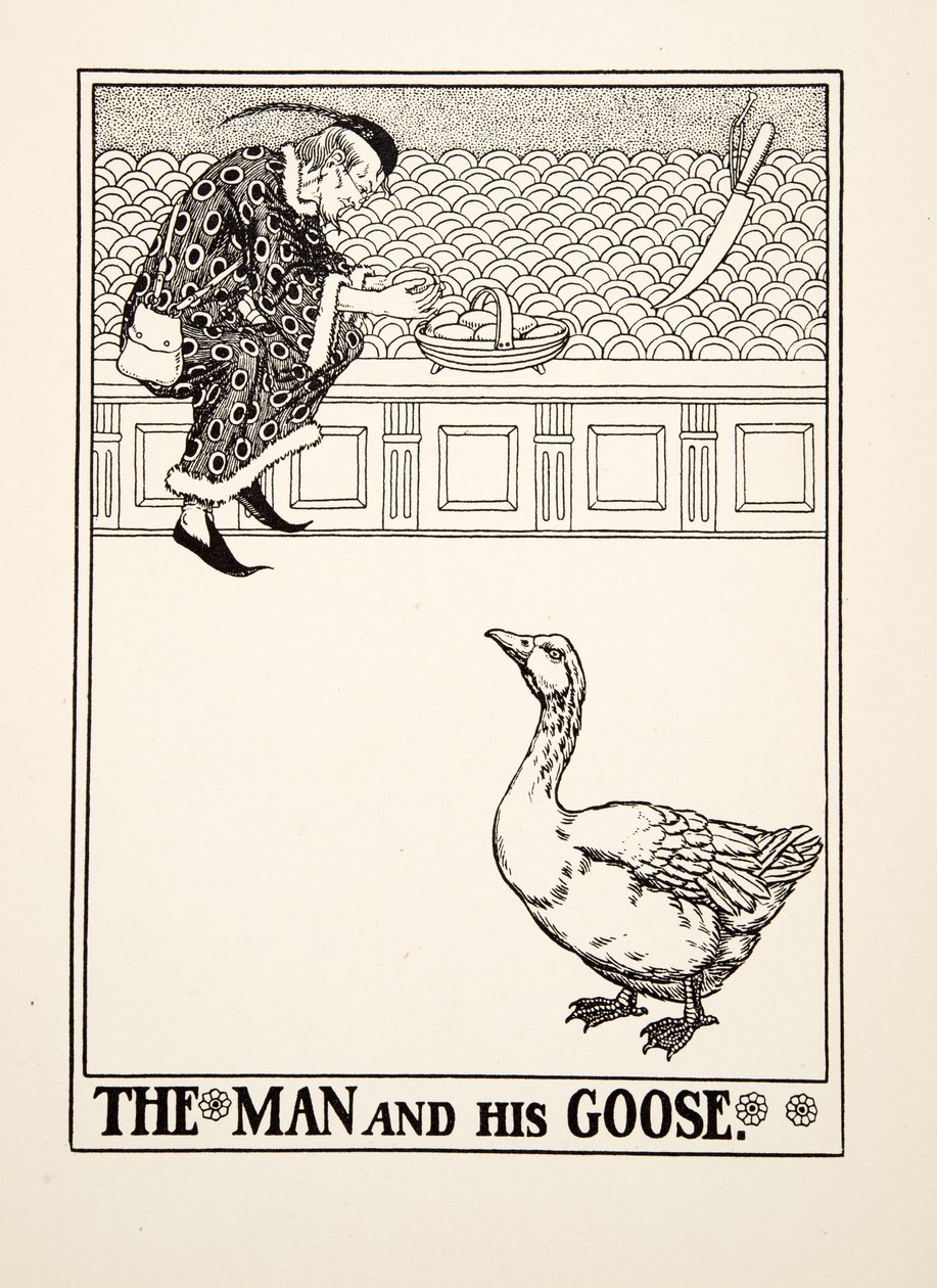 El hombre y su ganso, de Cien fábulas de Esopo, pub. 1903 (grabado) de Percy J. Billingshurst