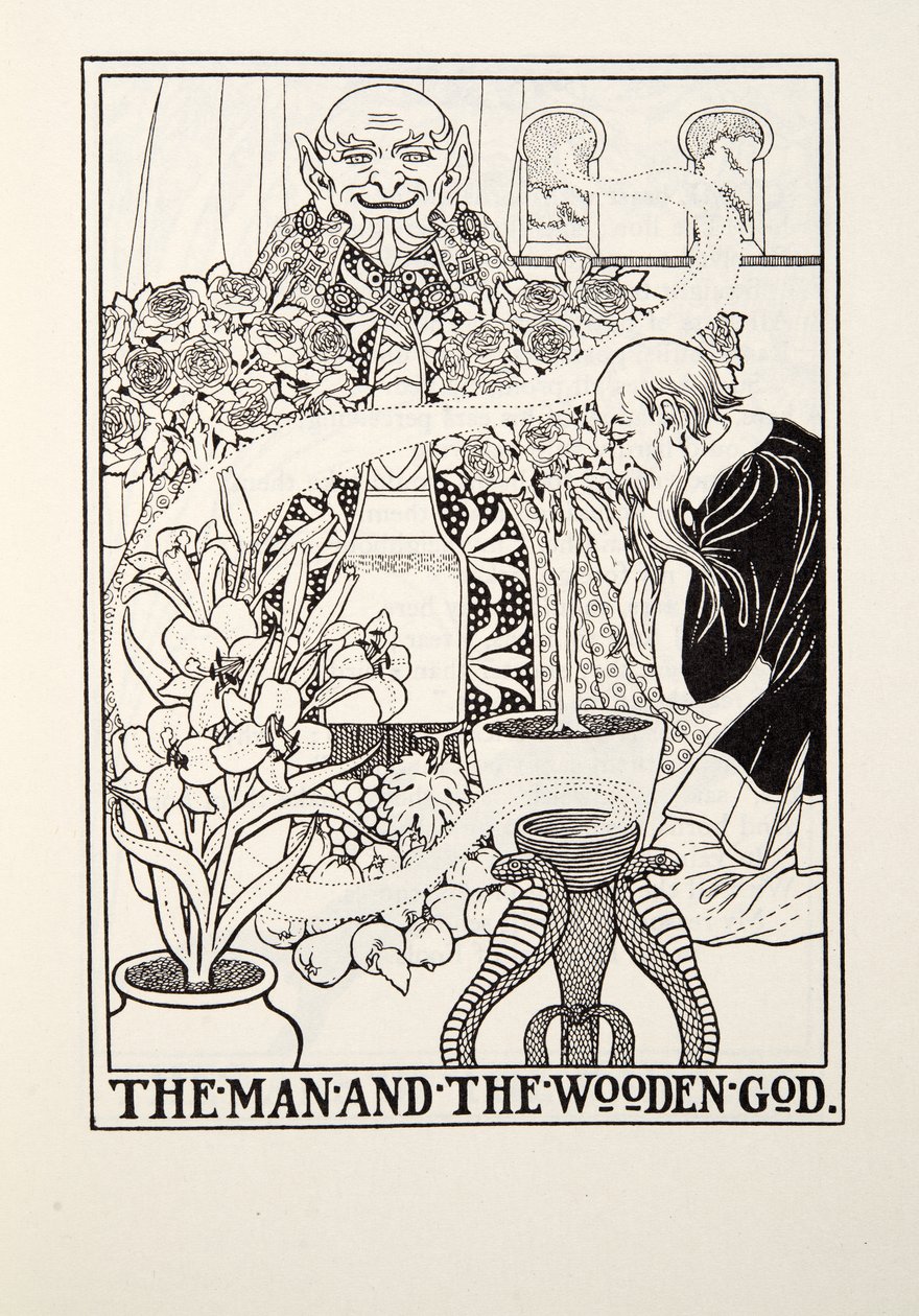 El hombre y el dios de madera, de Fábulas de Fontaine, pub. 1905 de Percy J. Billingshurst