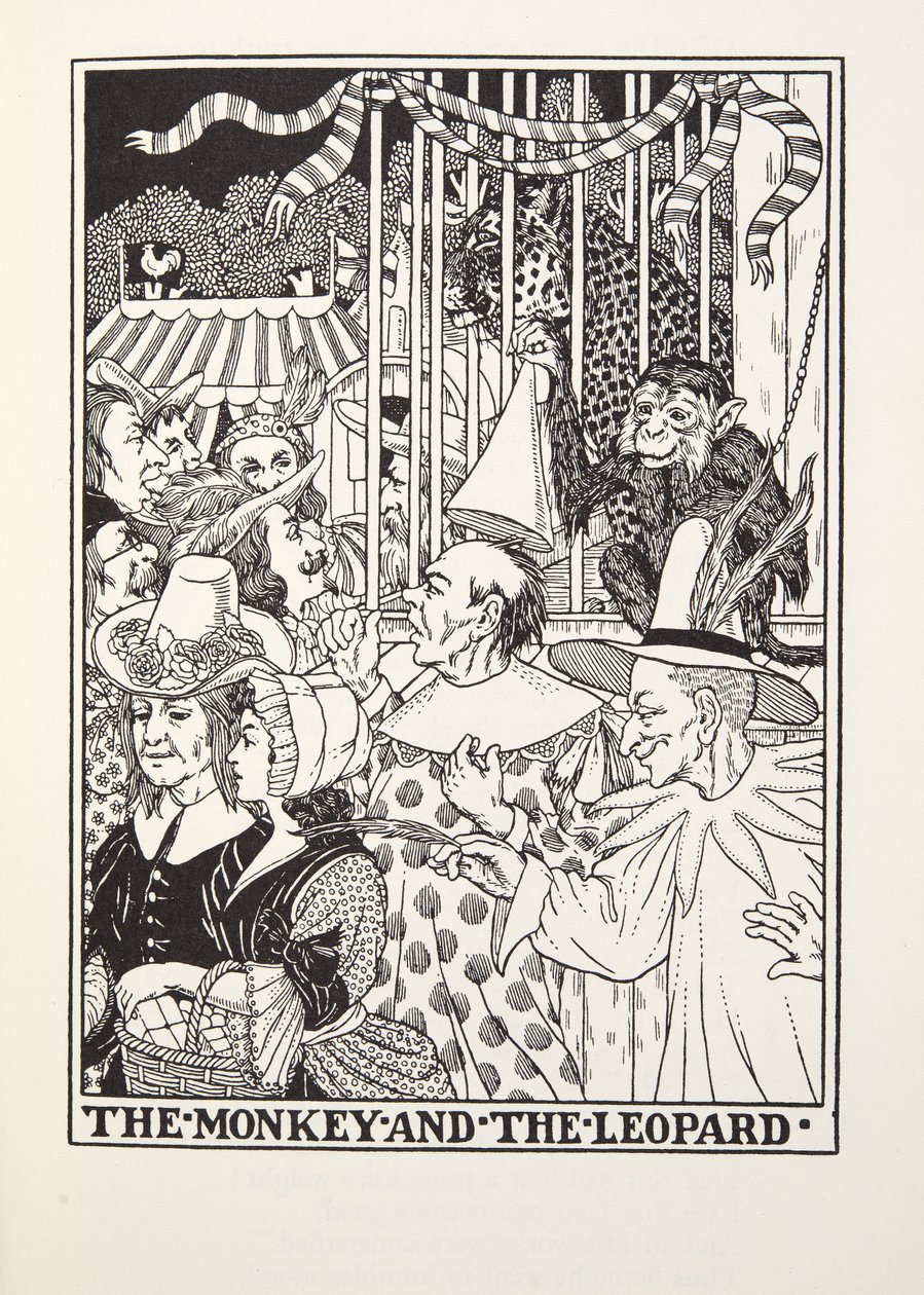 El mono y el leopardo, de las Fábulas de Fontaine, pub. 1905 de Percy J. Billingshurst