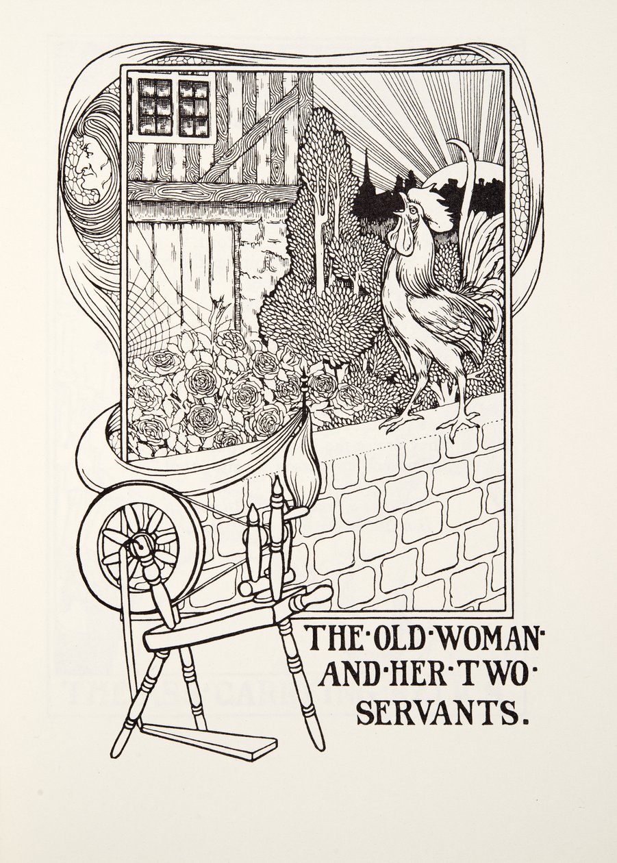 La anciana y sus dos sirvientes, de las Fábulas de Fontaine, pub. 1905 (grabado) de Percy J. Billingshurst