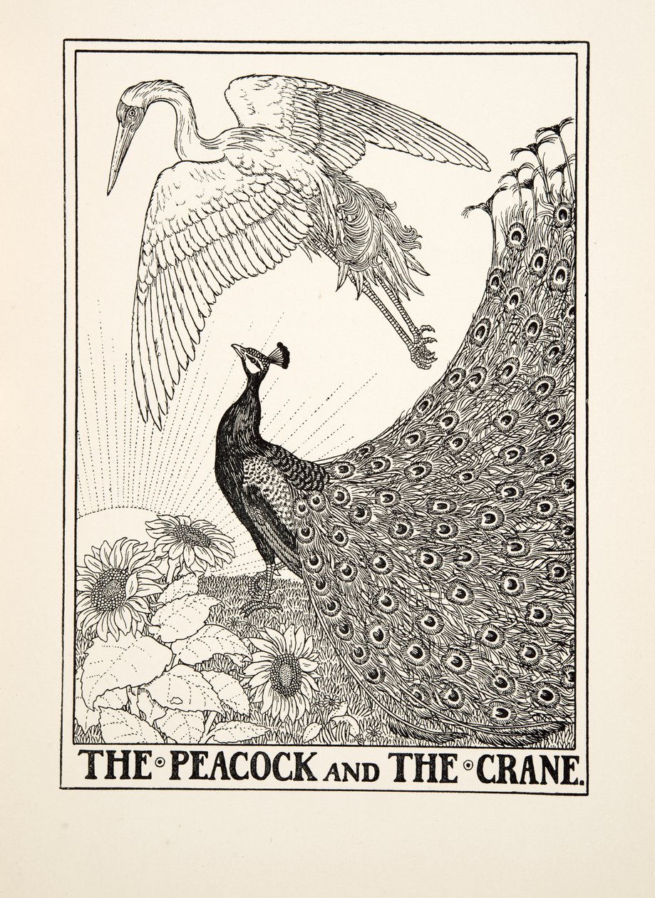 El Pavo Real y la Grulla, de Cien Fábulas de Esopo, pub.1903 de Percy J. Billingshurst