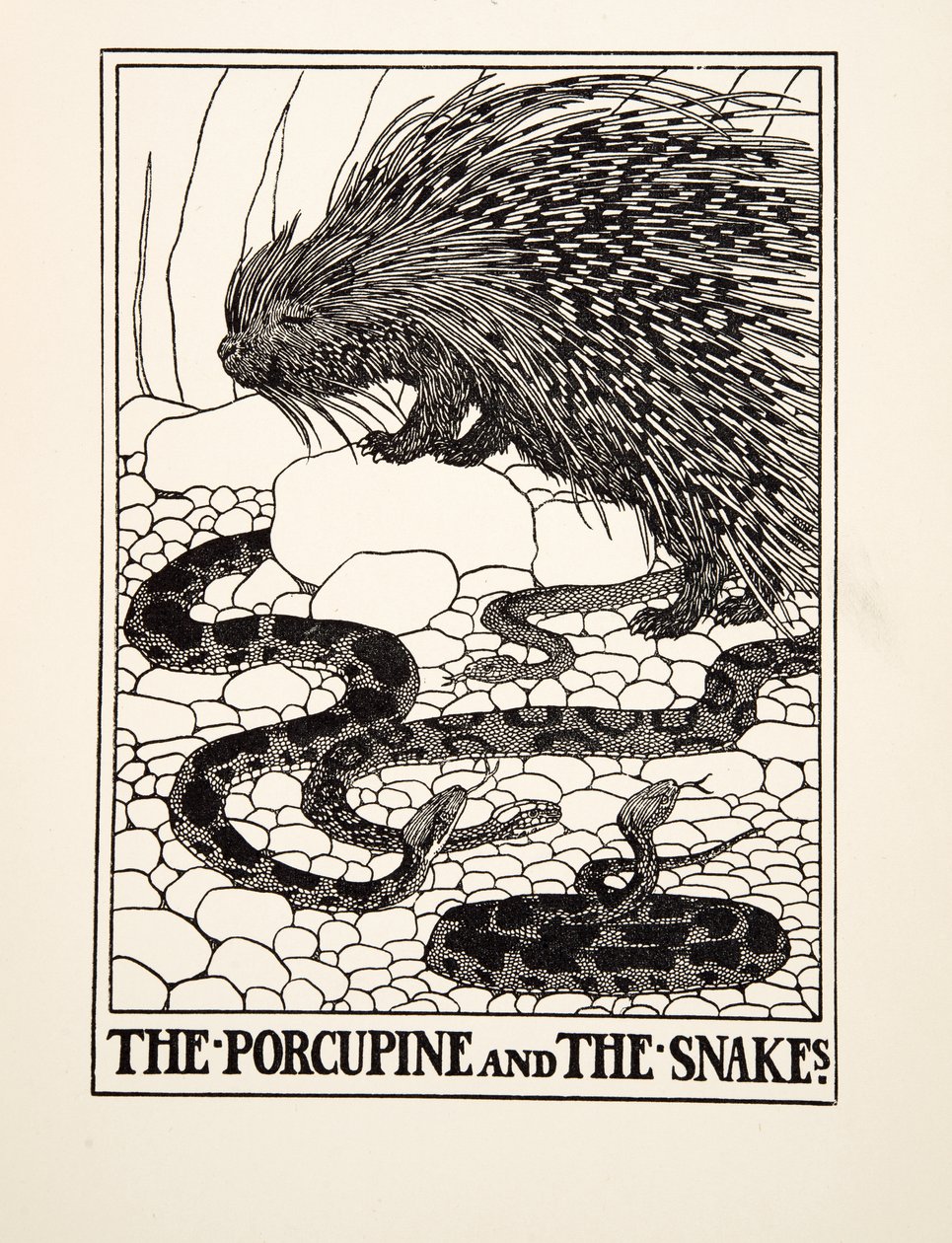 El Puercoespín y las Serpientes, de Cien Fábulas de Esopo, pub.1903 de Percy J. Billingshurst
