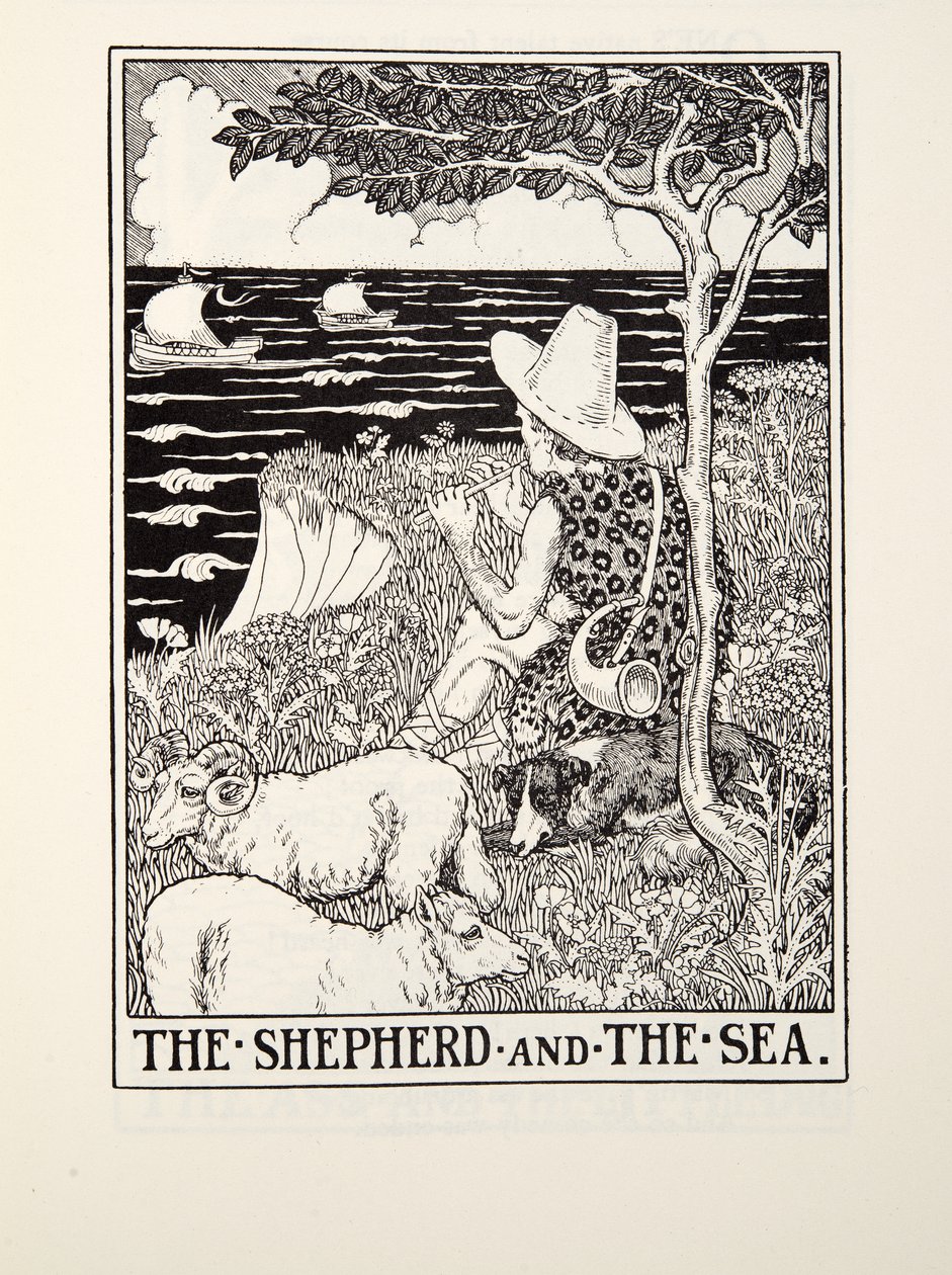 El pastor y el mar, de Fábulas de Fontaine, pub. 1905 de Percy J. Billingshurst