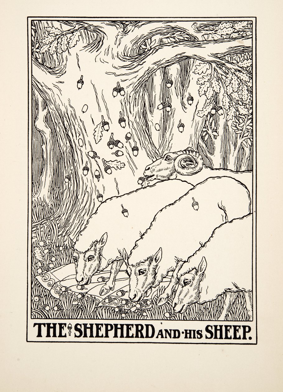 El Pastor y sus Ovejas, de Cien Fábulas de Esopo, pub. 1903 de Percy J. Billingshurst