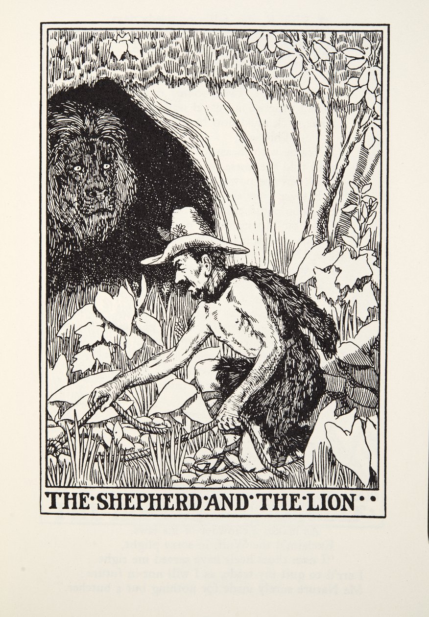 El pastor y el león, de Fábulas de Fontaine, pub. 1905 de Percy J. Billingshurst