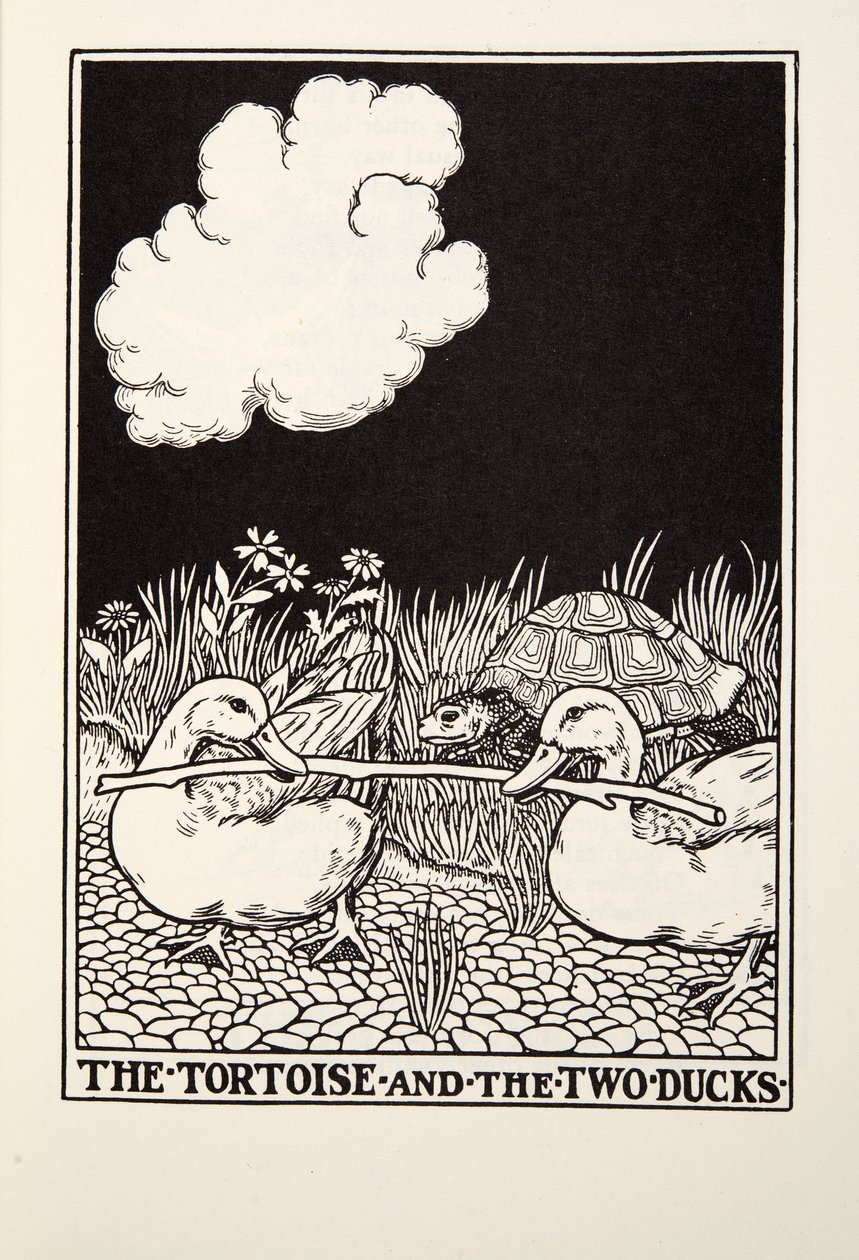 La tortuga y los dos patos, de Fábulas de Fontaine, pub. 1905 de Percy J. Billingshurst